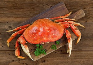 Top view of a steamed Dungeness crab on wooden server board with herbs and spices ready to eat.
